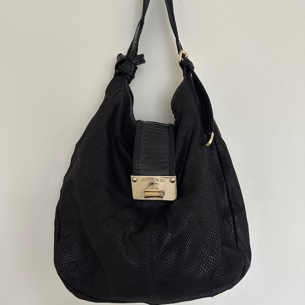 Jimmy Choo Black Snakeskin Embossed Hobo Bag with Gold Hardware